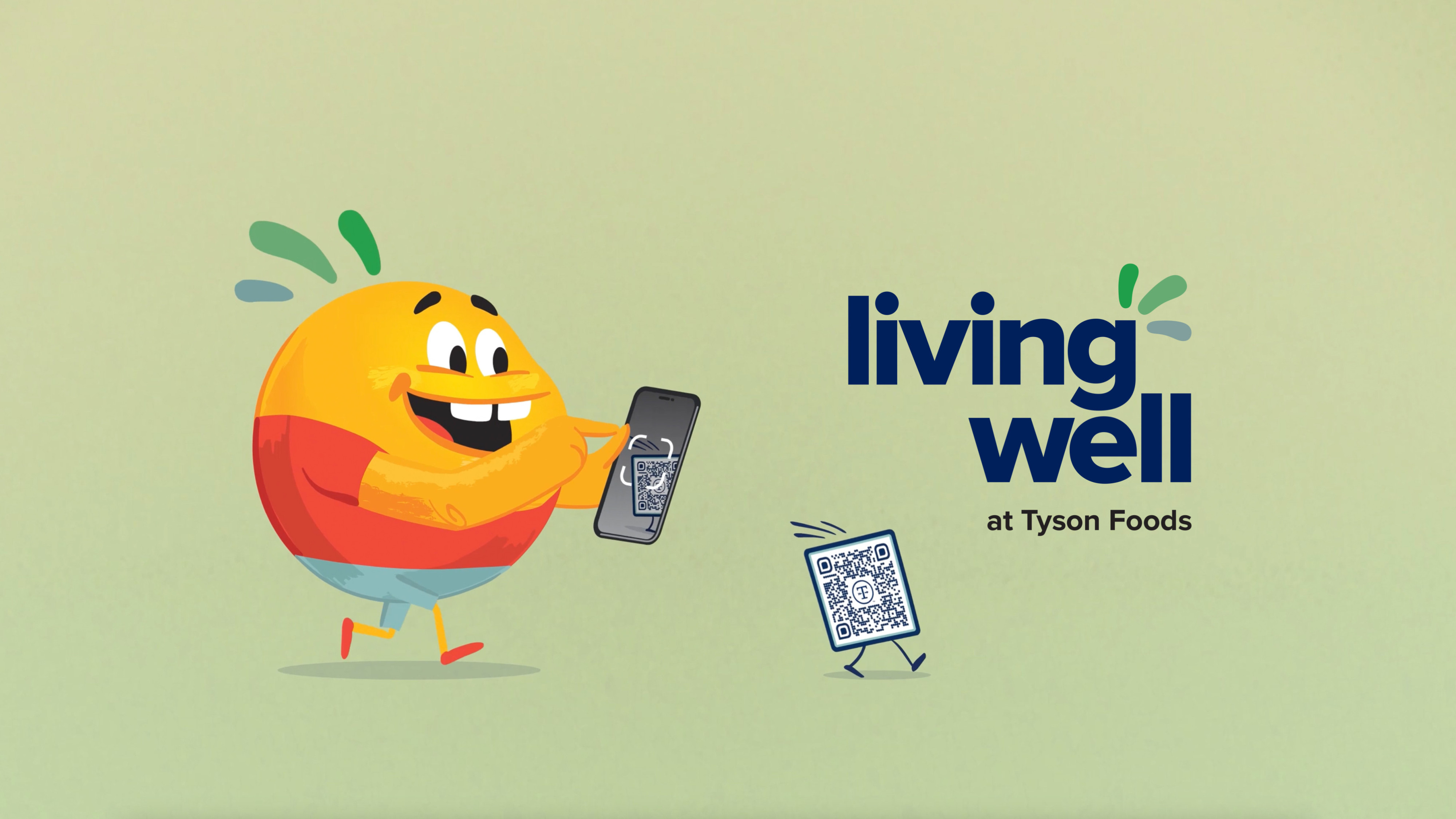 Emoji character, Ty Wellbe, chasing QR code graphic