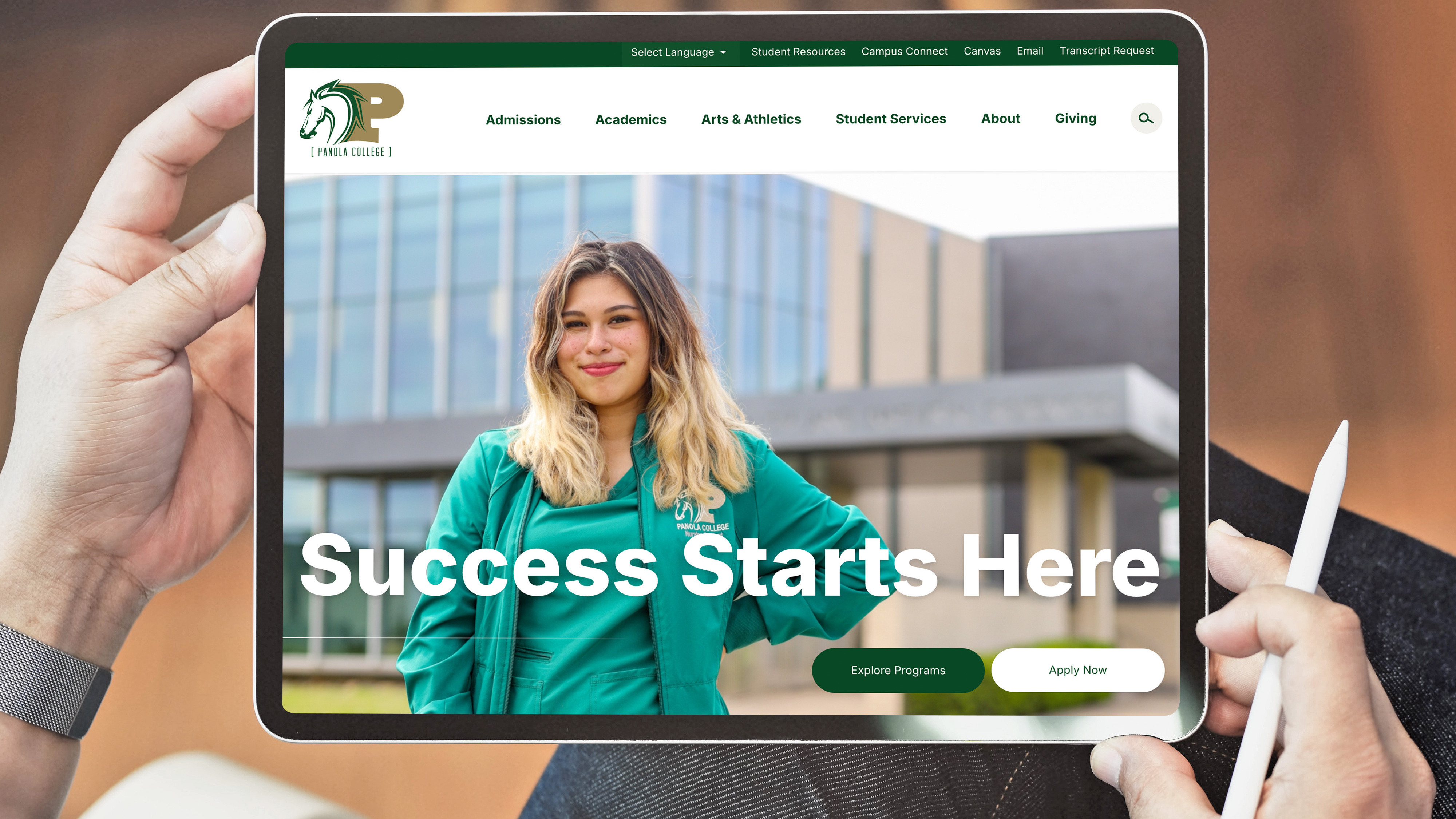 Panola College Website shown on iPad